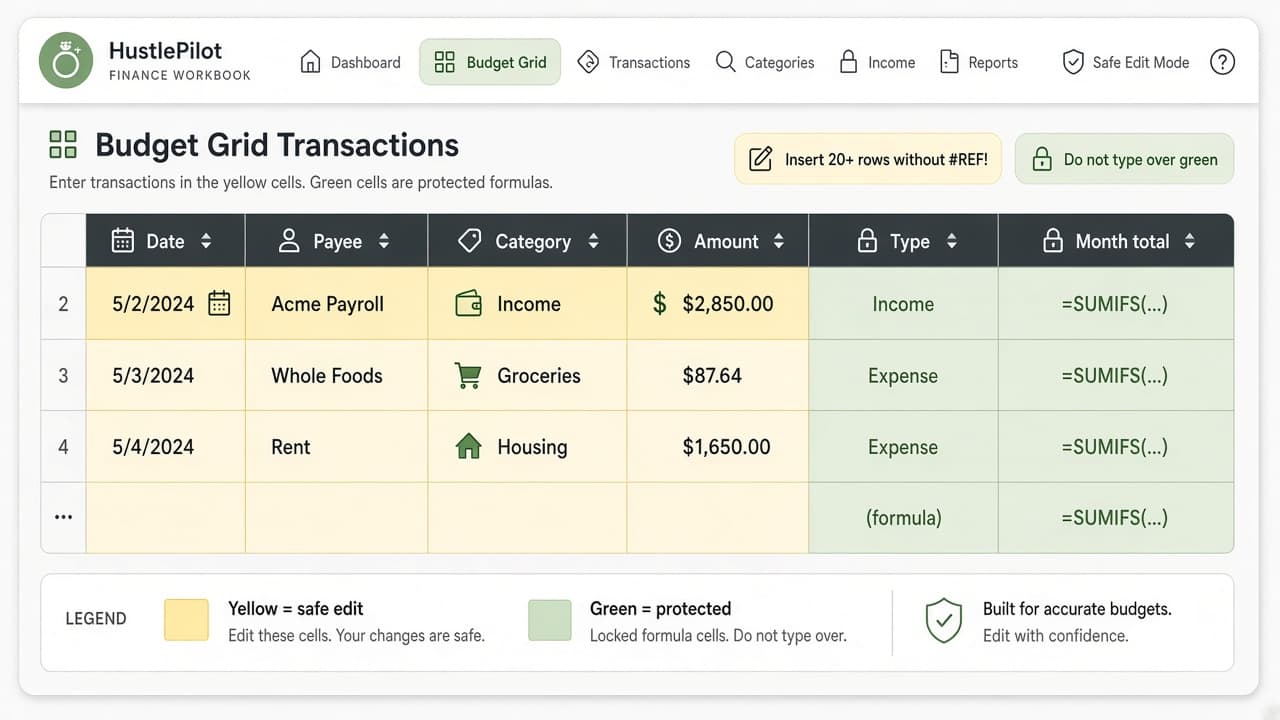 Transactions register with yellow safe-edit cells